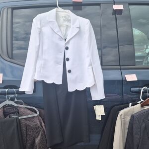 White Scalloped Button Blazer with Black Skirt